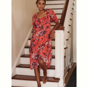 NWT by Anthropologie Puff Sleeve Smocked Midi Long Dress Coral Floral